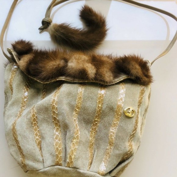 Green leather cross-body with mink & snake trim - Picture 1 of 6
